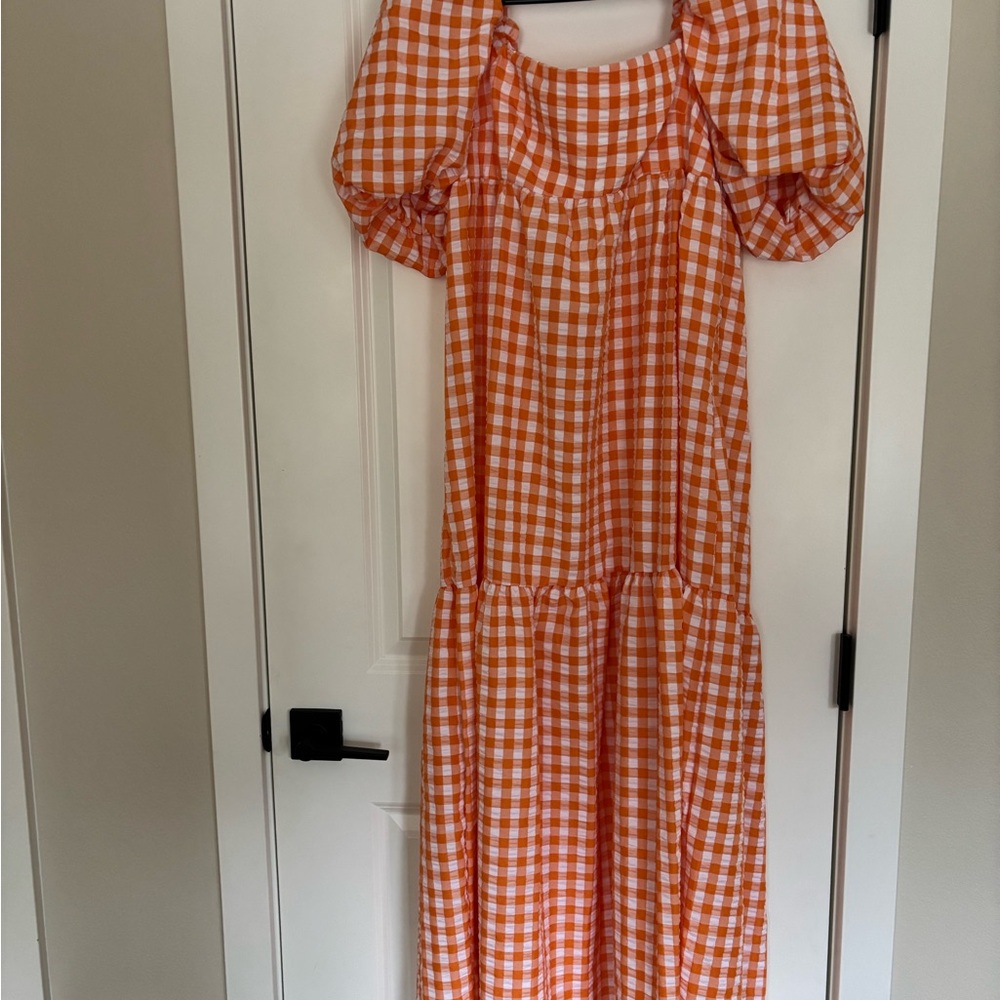 Orange Gingham Puff Sleeve Dress